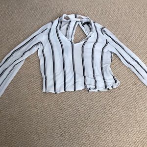 Black and White Striped Mock Neck Blouse